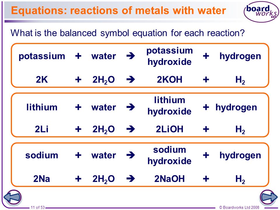 What is the chemical equation for potassium oxide + water ---> potassium hydroxide?
